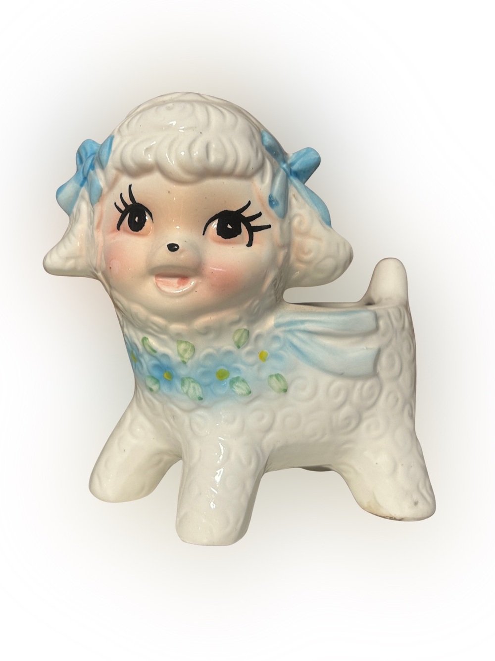 Vintage Kitsch Anthropomorphic Ceramic Baby Lamb Planter • Baby Blue • Taiwan